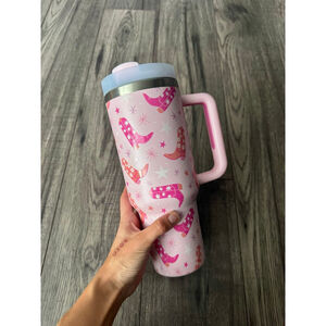 40 oz Customized Pink Western Boot Cup, Vinyl, Two Color Handle and Lid
